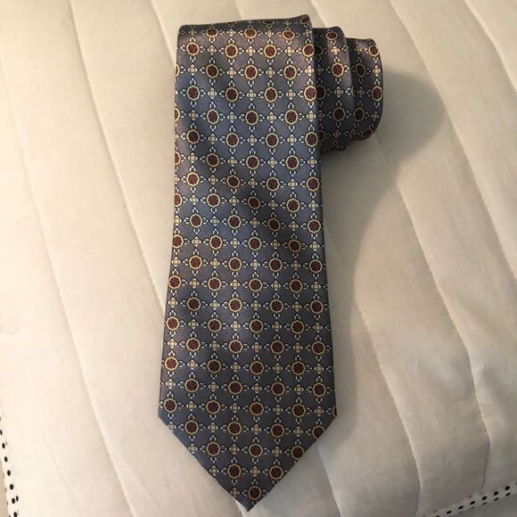 Roma Italian Silk Medallion Tie in Silver Gray Red Gold White - Picture 2 of 8